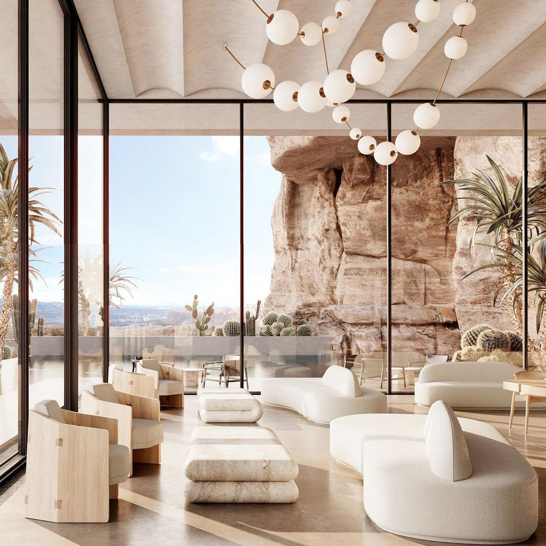 Huge open living room outside a desert area using limewash paint to compliment the natural atmosphere perfectly