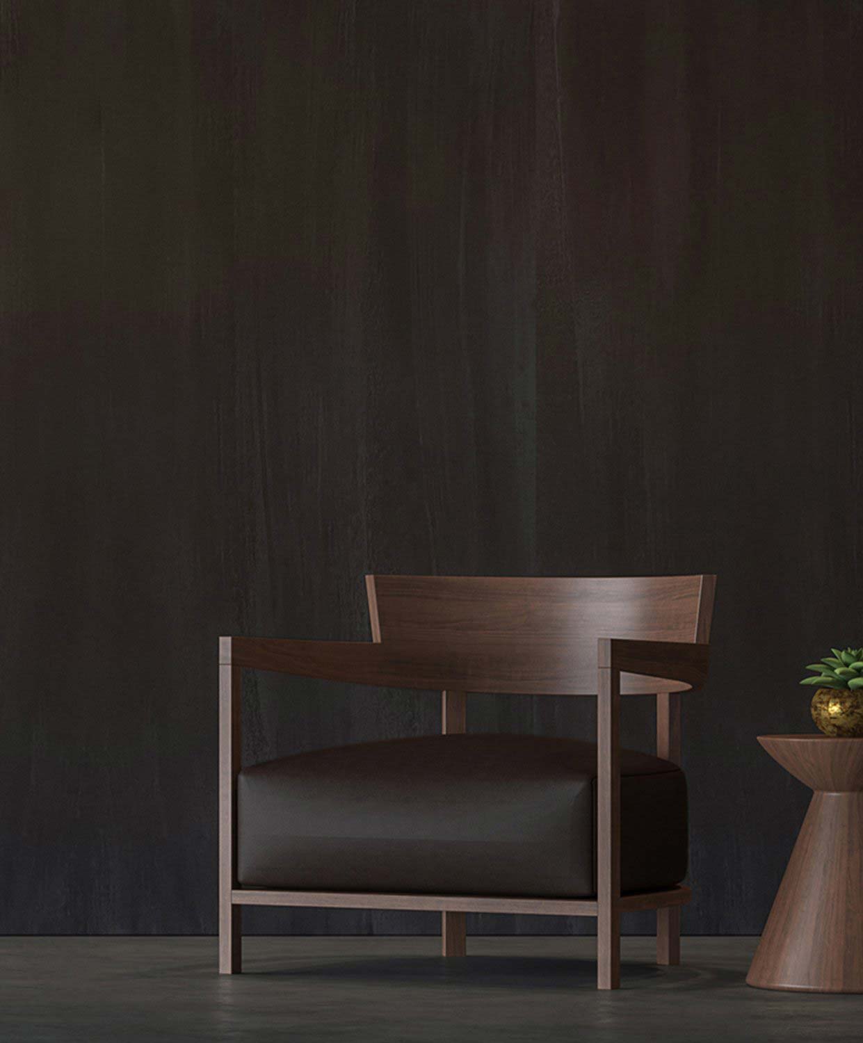Wooden chair in front of a dark textured paint wall